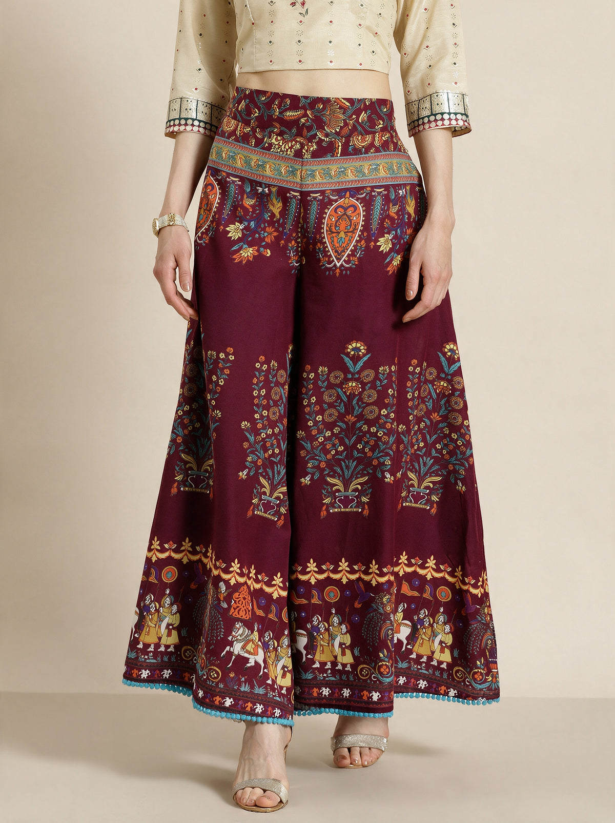 Maroon Cotton Mughal Print Flared Palazzo Pants