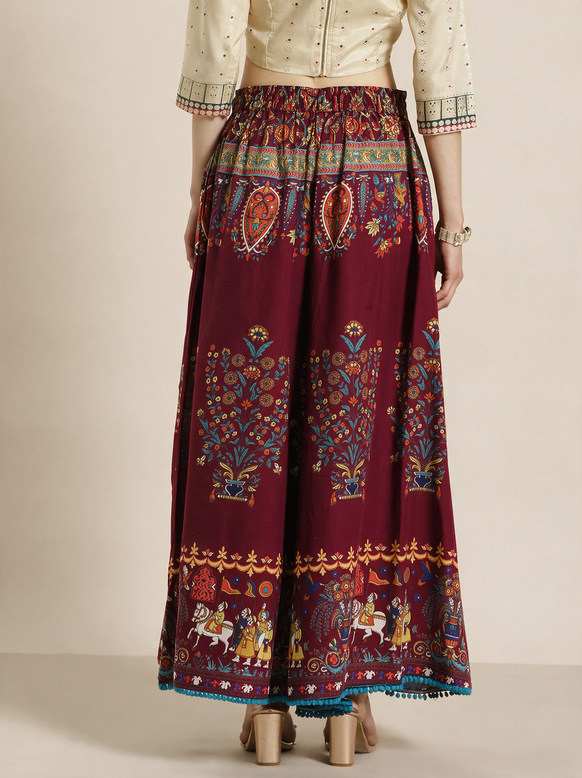 Maroon Cotton Mughal Print Flared Palazzo Pants