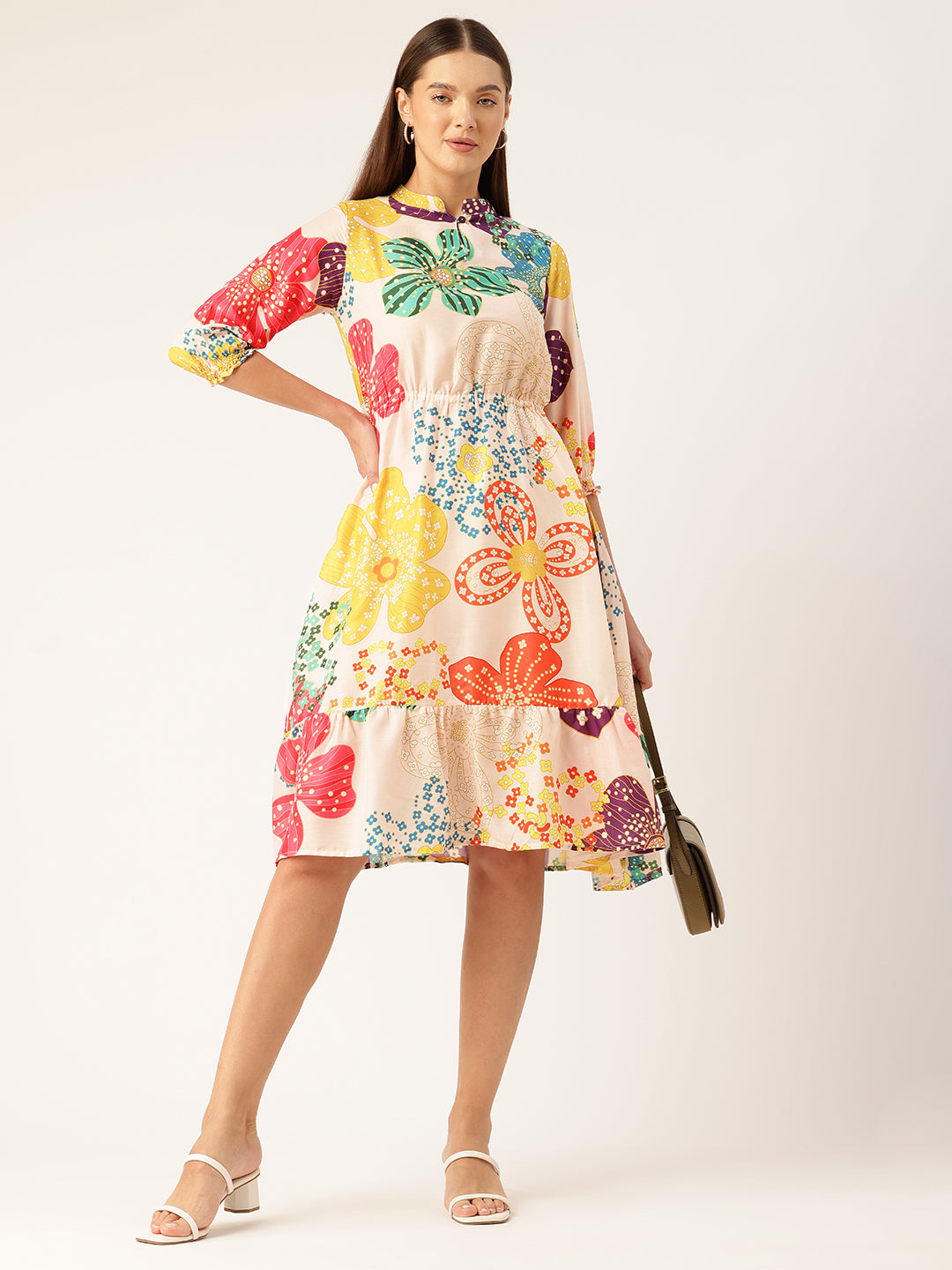 Womens Multi-Color Muslin Floral Dress with Mandarin Collar &amp; 3/4 Smocked Sleeves