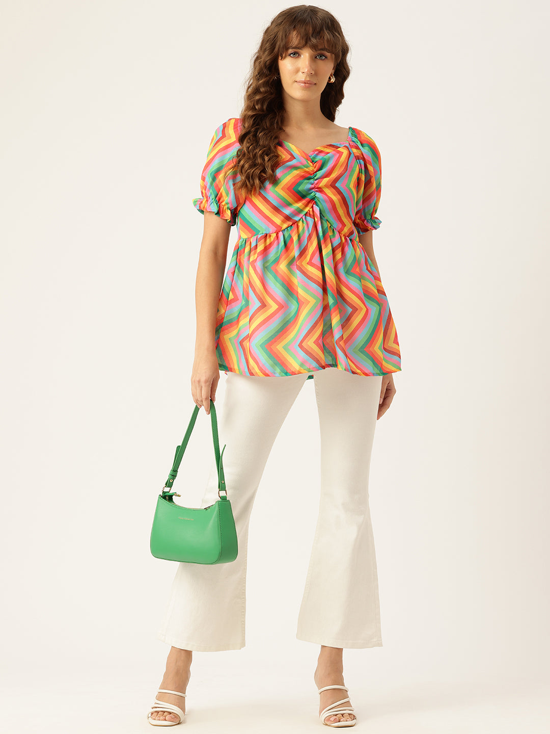 Cropped v-neck peplum puff sleeved top with digital print on linen fabric.