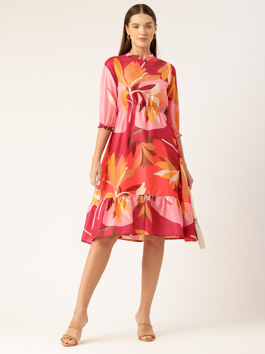 Womens Multi-Color Muslin Floral Dress with Mandarin Collar &amp; 3/4 Smocked Sleeves