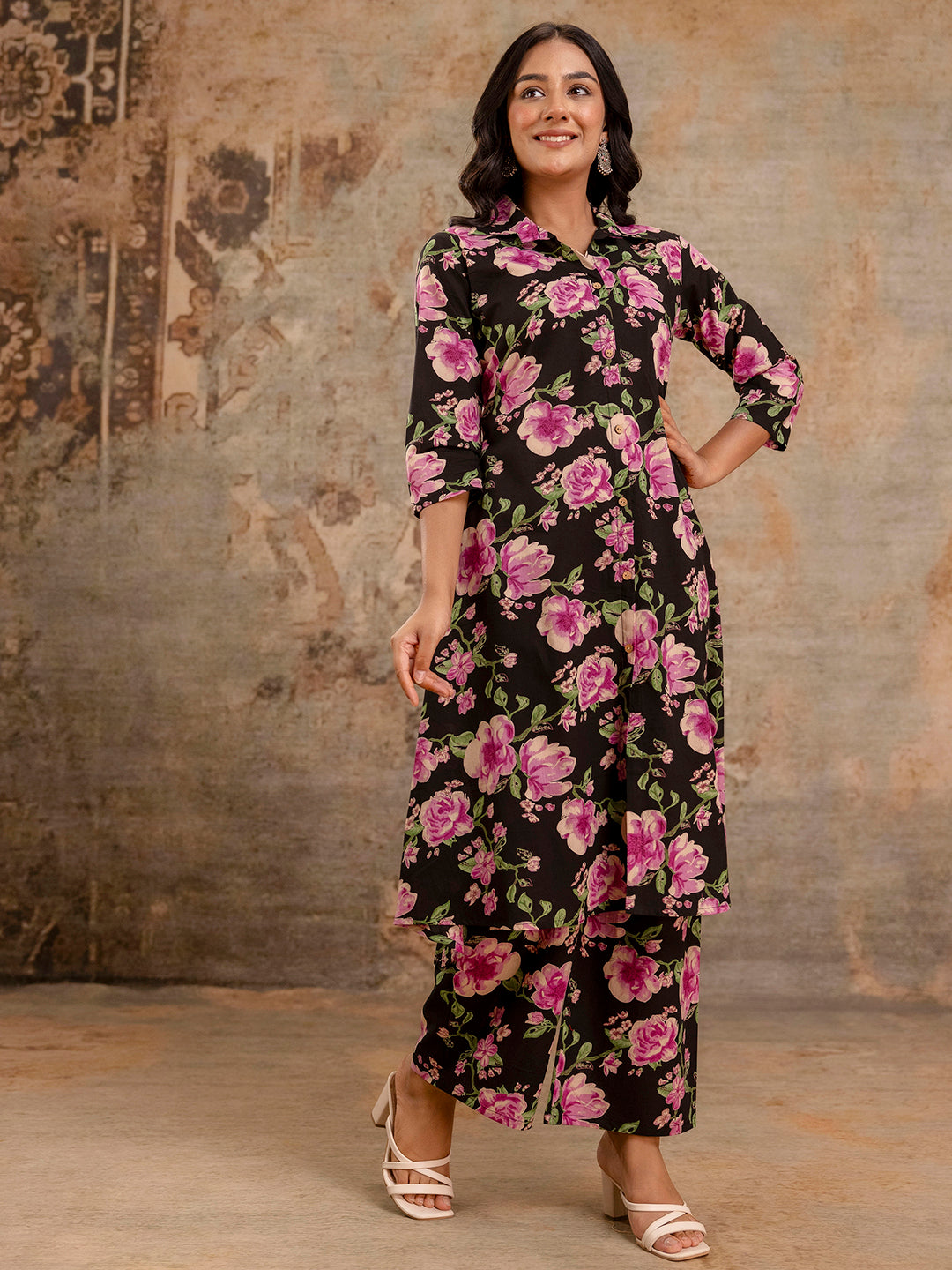 Black Womens Co-Ord Set“Printed Collared Kurta with 3/4 Sleeves &amp; Elastic Waist Pants