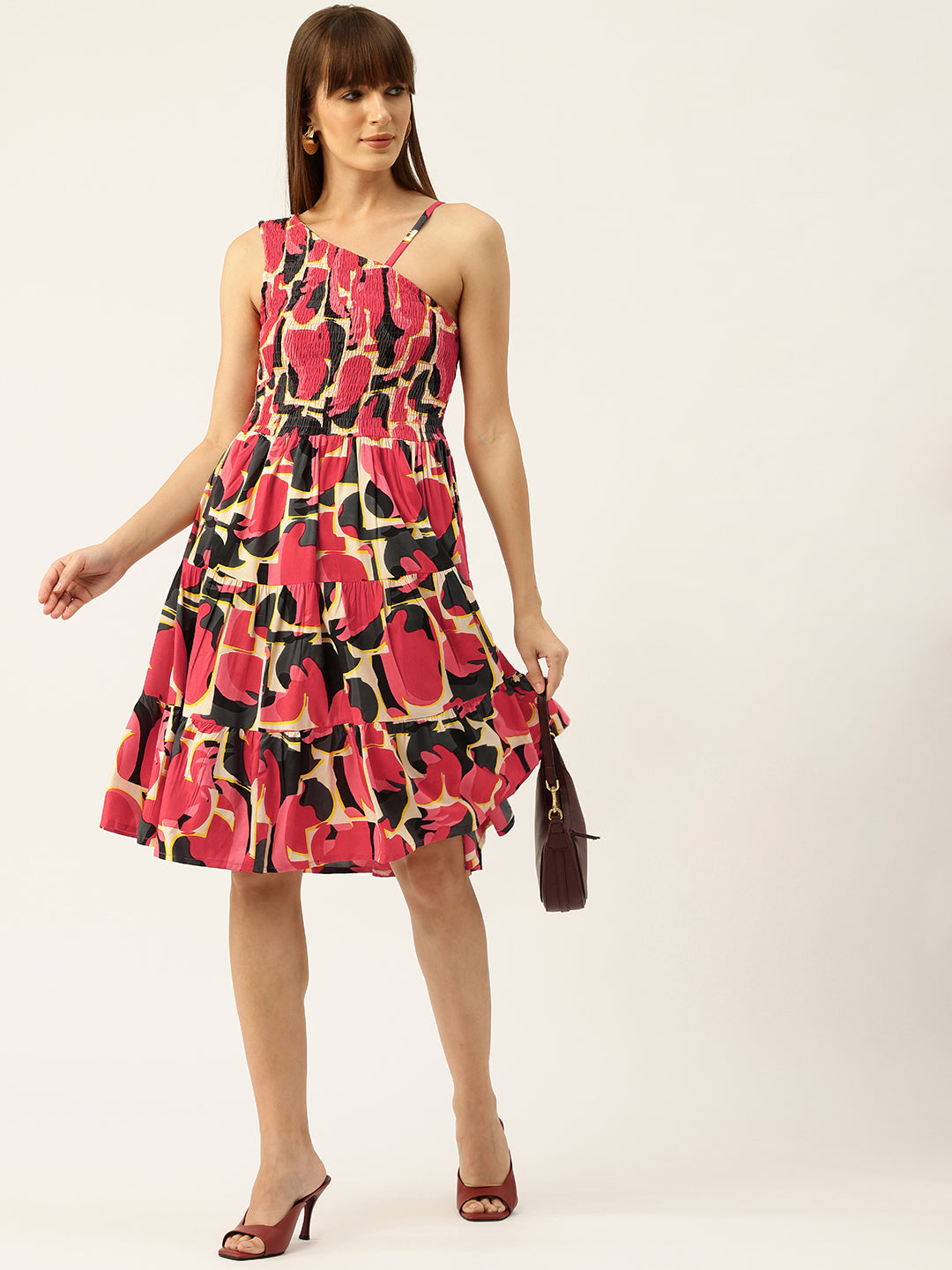 Womens Rayon One-Shoulder Dress with Smocked Bodice &amp; Flared Skirt “ Bright Summer Colors