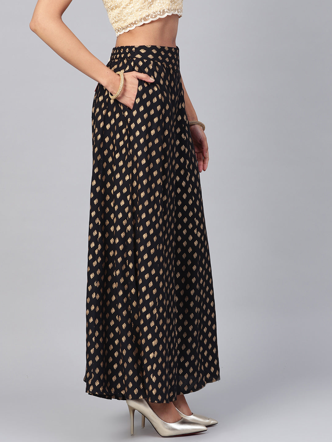 Black Gold Print Flared Rayon Palazzo Pants with Pockets