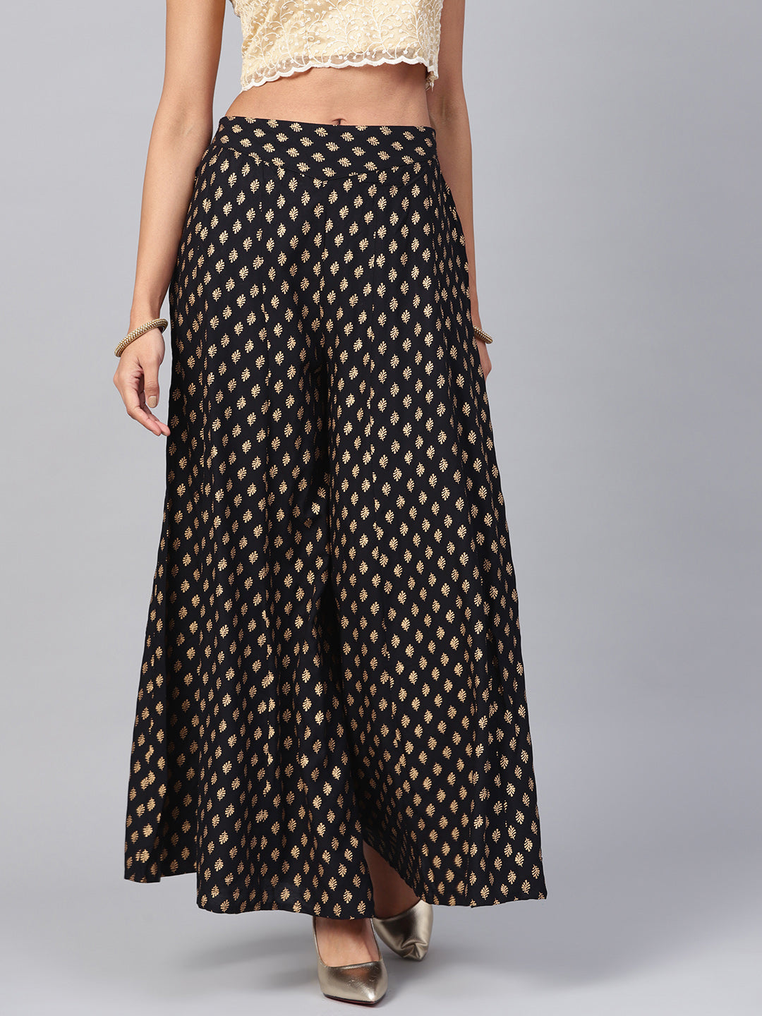 Black Gold Print Flared Rayon Palazzo Pants with Pockets