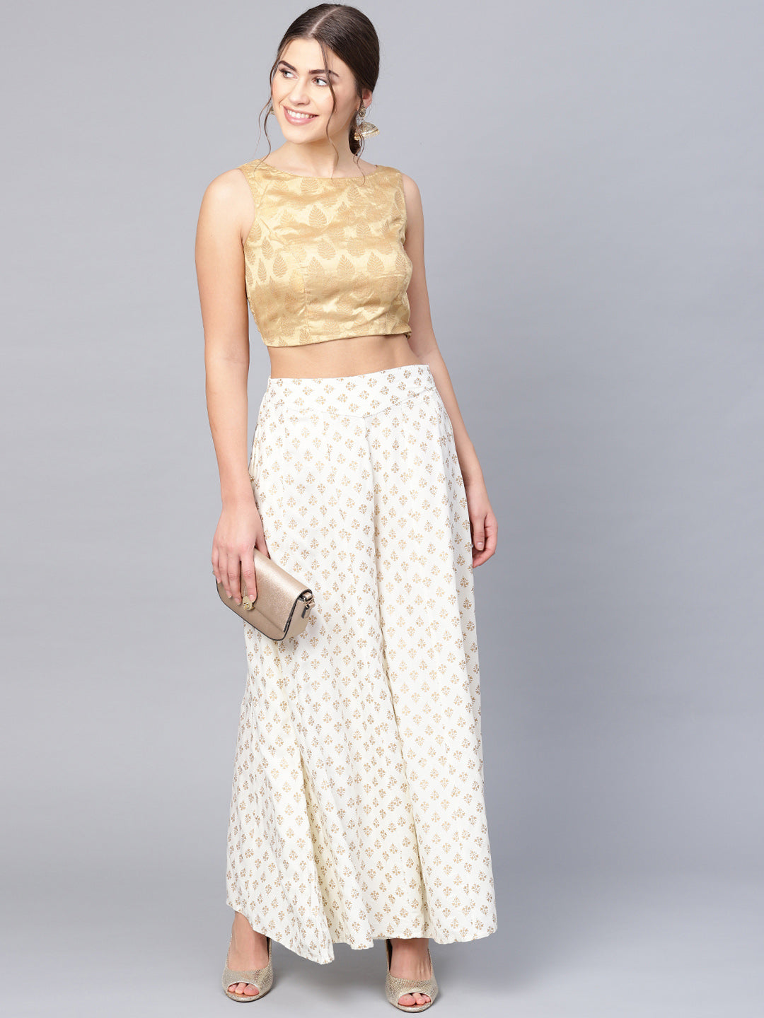 Off-White Gold Print Rayon Flared Palazzo Pants