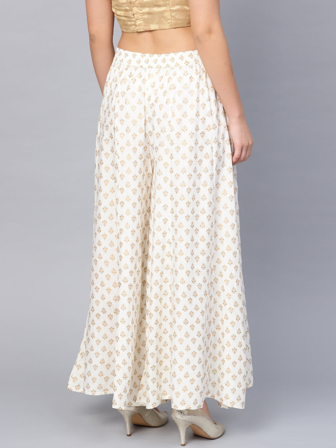 Off-White Gold Print Rayon Flared Palazzo Pants