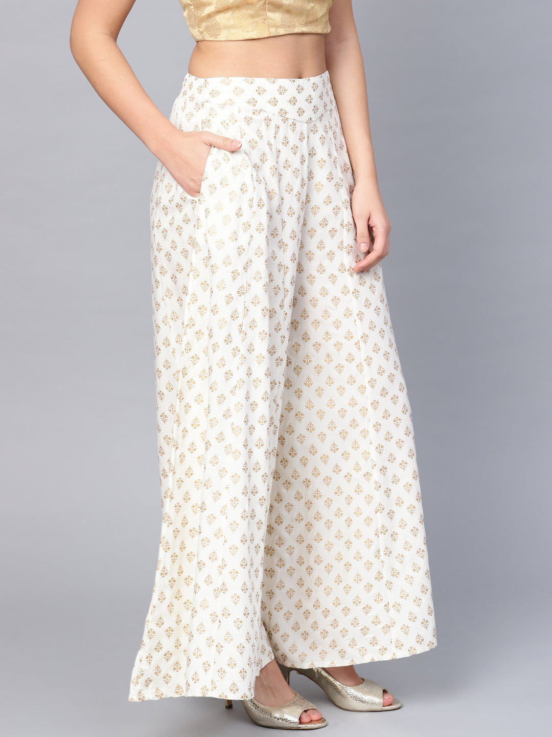 Off-White Gold Print Rayon Flared Palazzo Pants