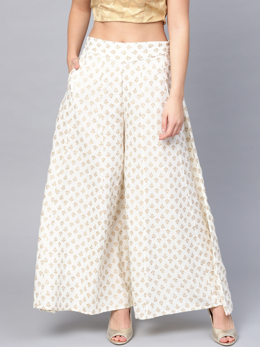 Off-White Gold Print Rayon Flared Palazzo Pants