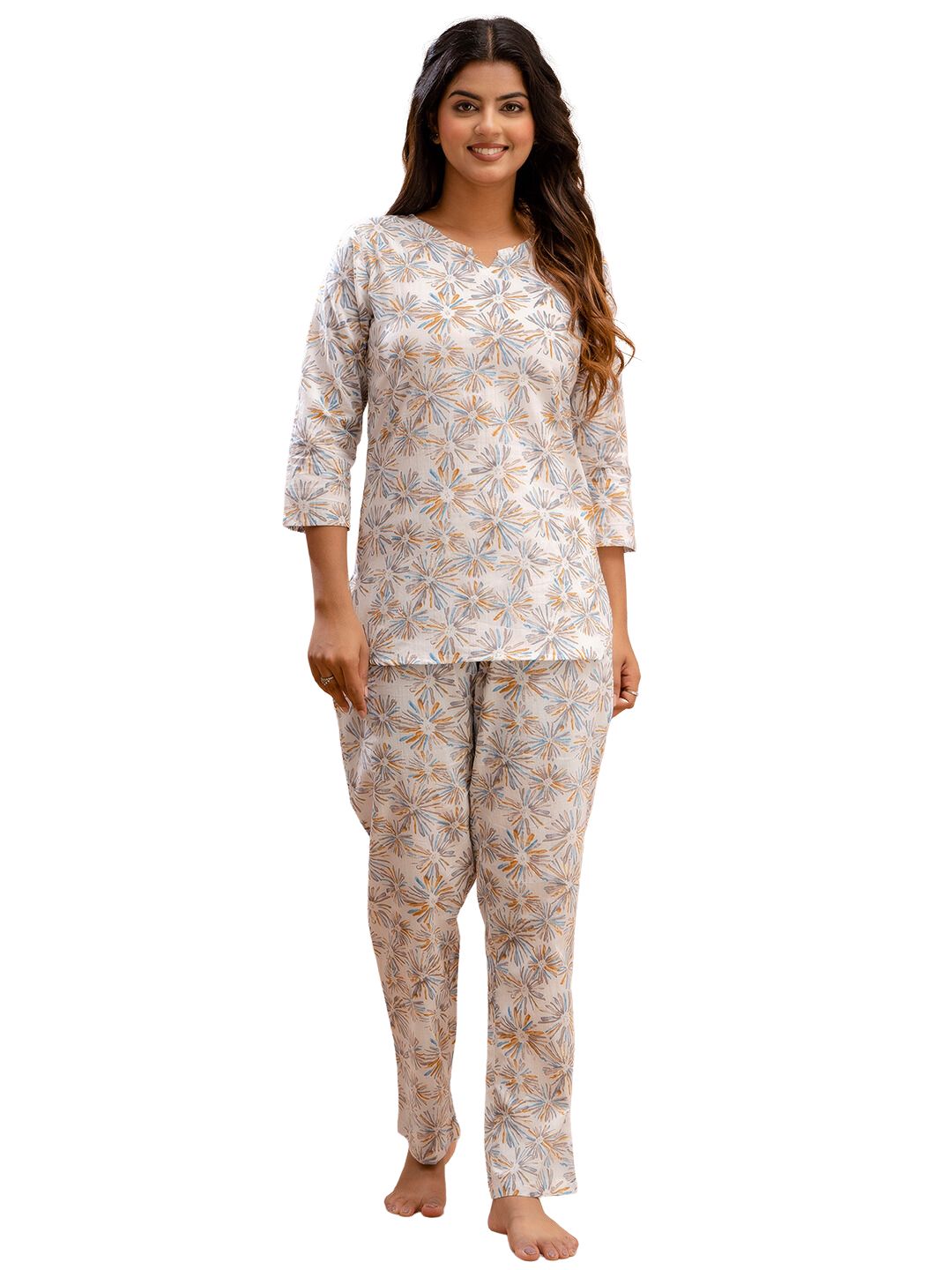 White Printed Cotton Night Suit with V-Neck Kurti &amp; Ankle-Length Pants