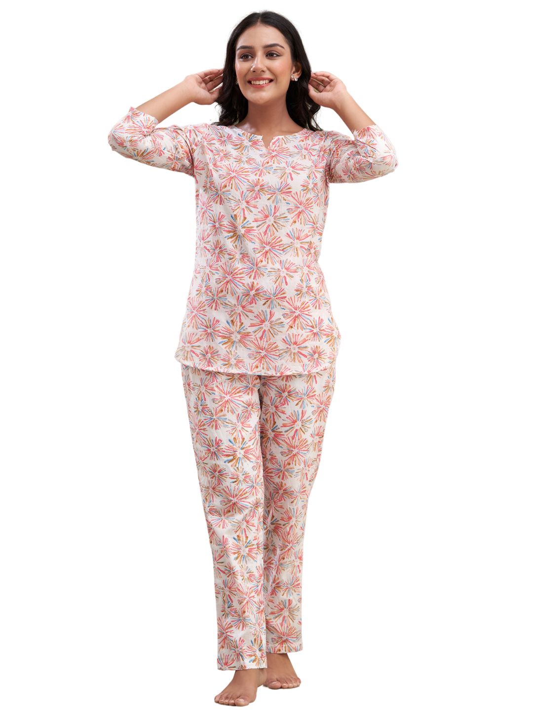 White Printed Cotton Night Suit with V-Neck Kurti &amp; Ankle-Length Pants