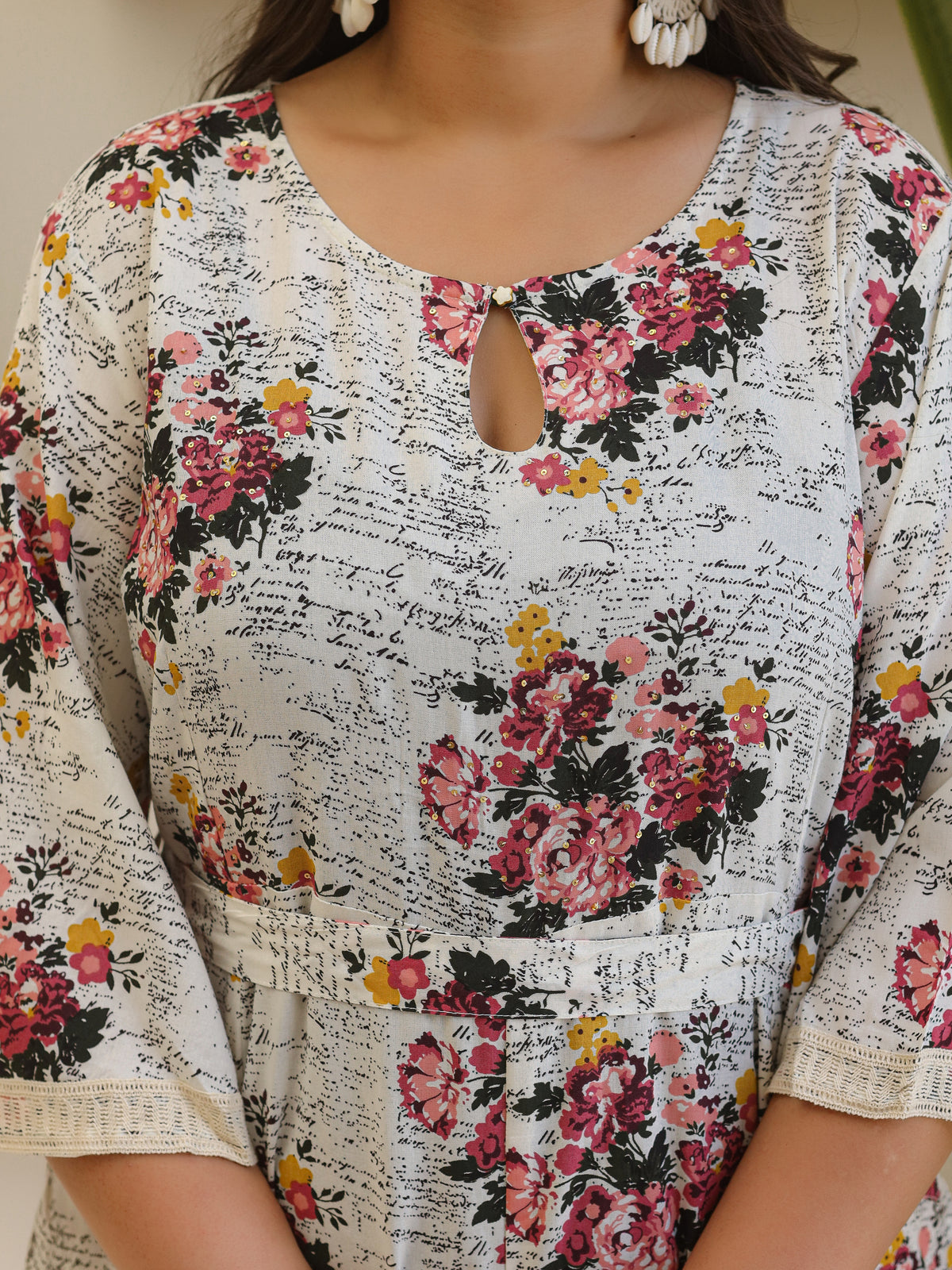 Off-White Floral Script Print Cotton Belted Jumpsuit