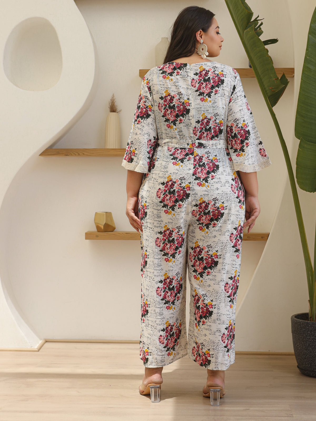 Off-White Floral Script Print Cotton Belted Jumpsuit