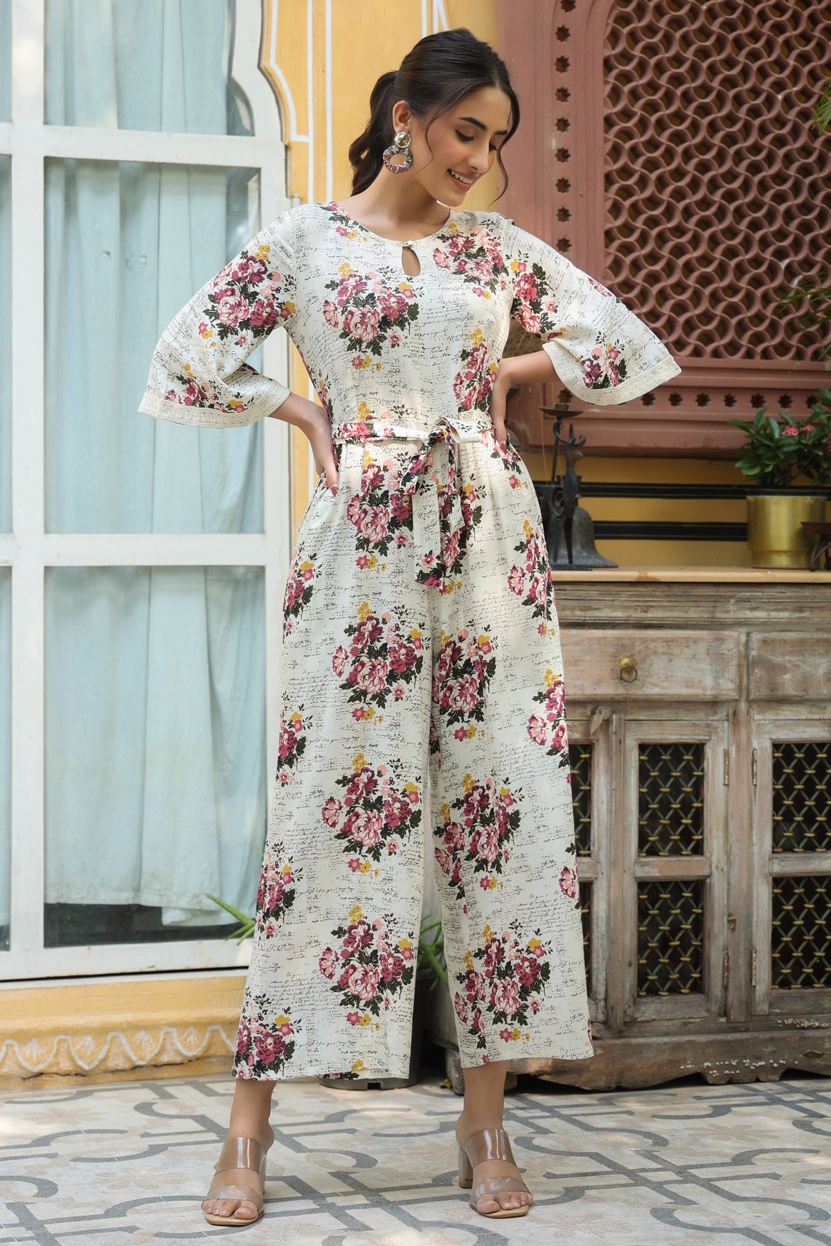 Off-White Floral Script Print Cotton Belted Jumpsuit