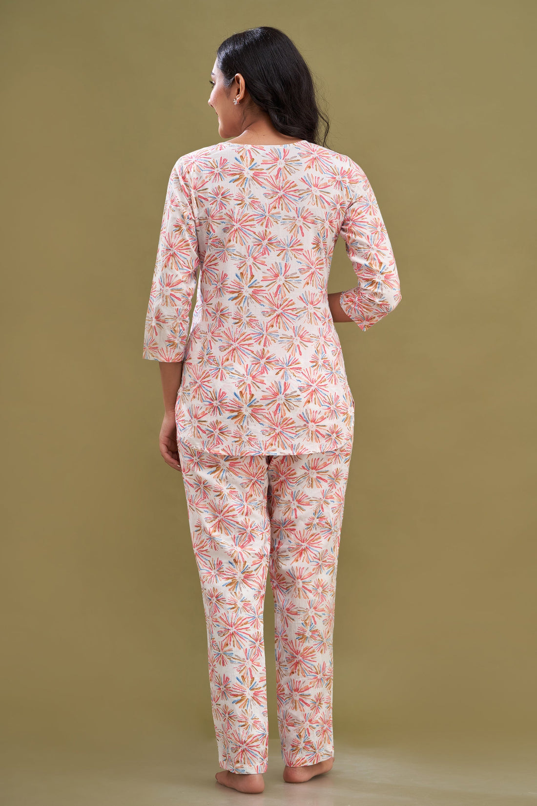 White Printed Cotton Night Suit with V-Neck Kurti &amp; Ankle-Length Pants