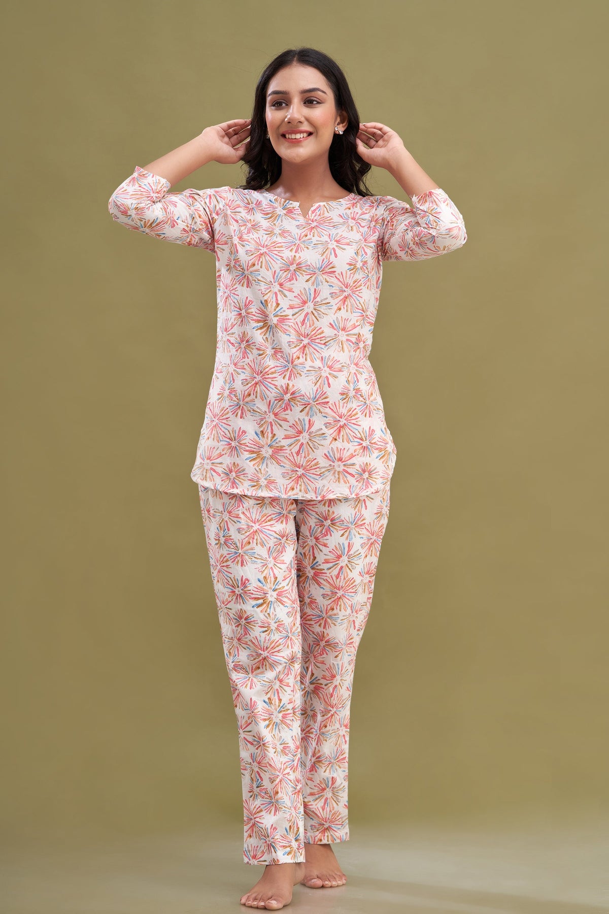 White Printed Cotton Night Suit with V-Neck Kurti &amp; Ankle-Length Pants