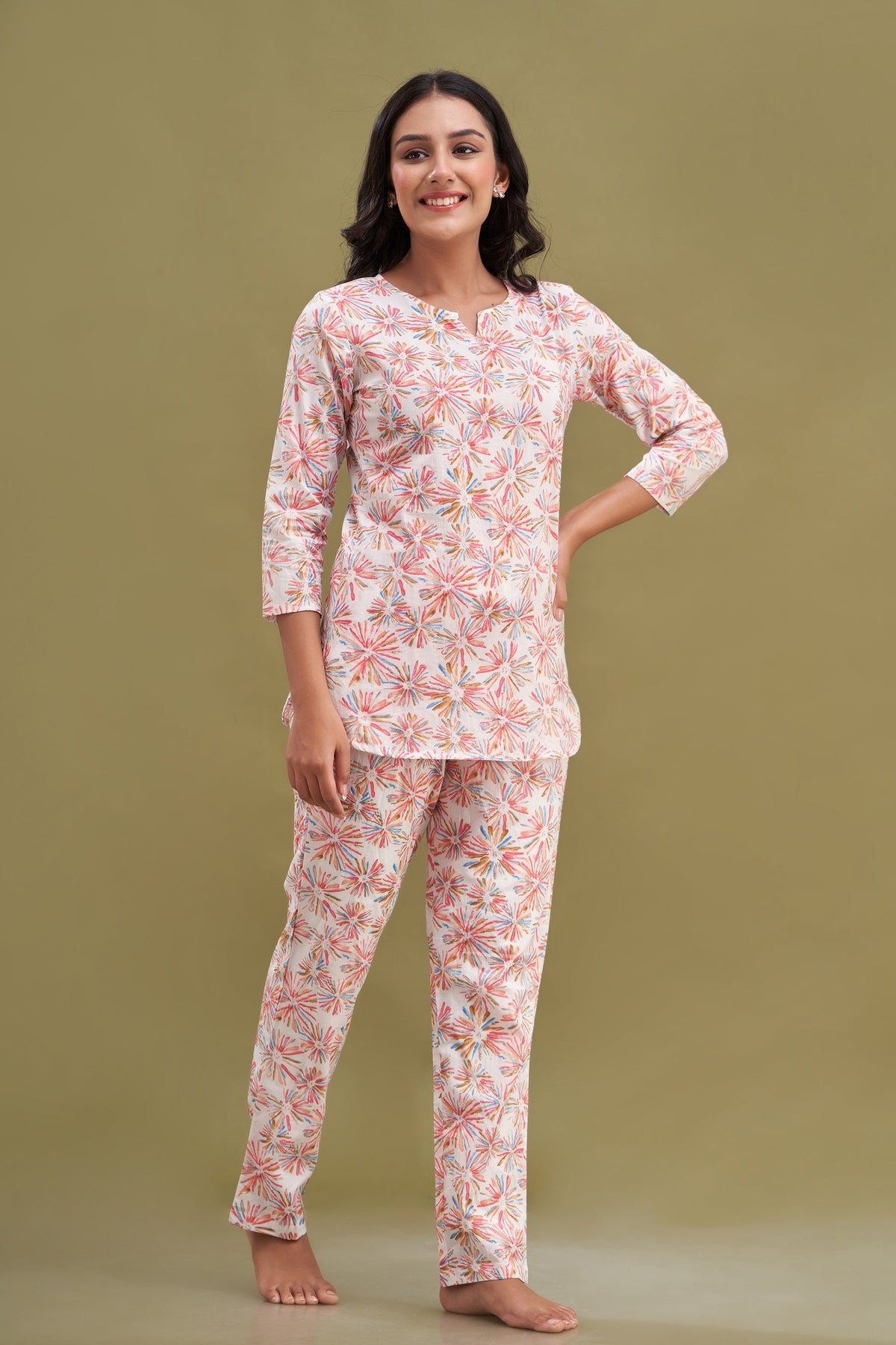 White Printed Cotton Night Suit with V-Neck Kurti &amp; Ankle-Length Pants