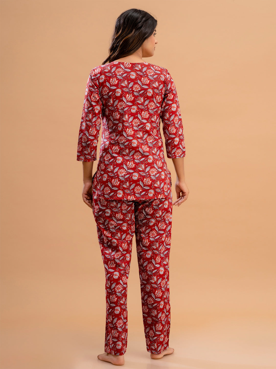 Red Printed Cotton Night Suit with V-Neck Kurti &amp; Ankle-Length Pants