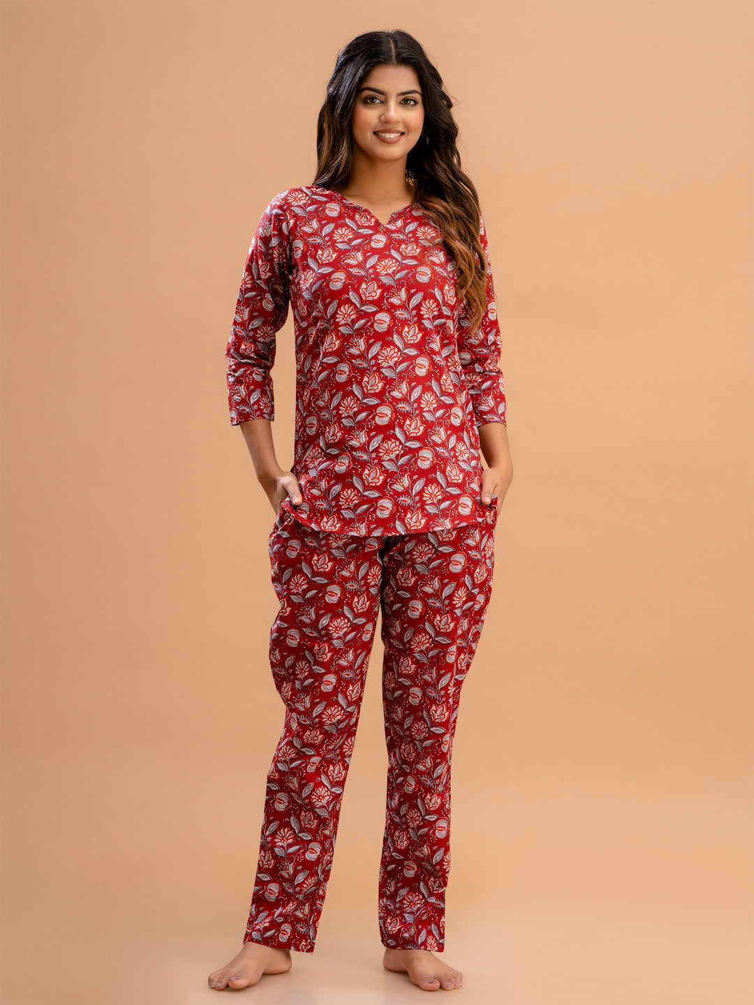 Red Printed Cotton Night Suit with V-Neck Kurti &amp; Ankle-Length Pants