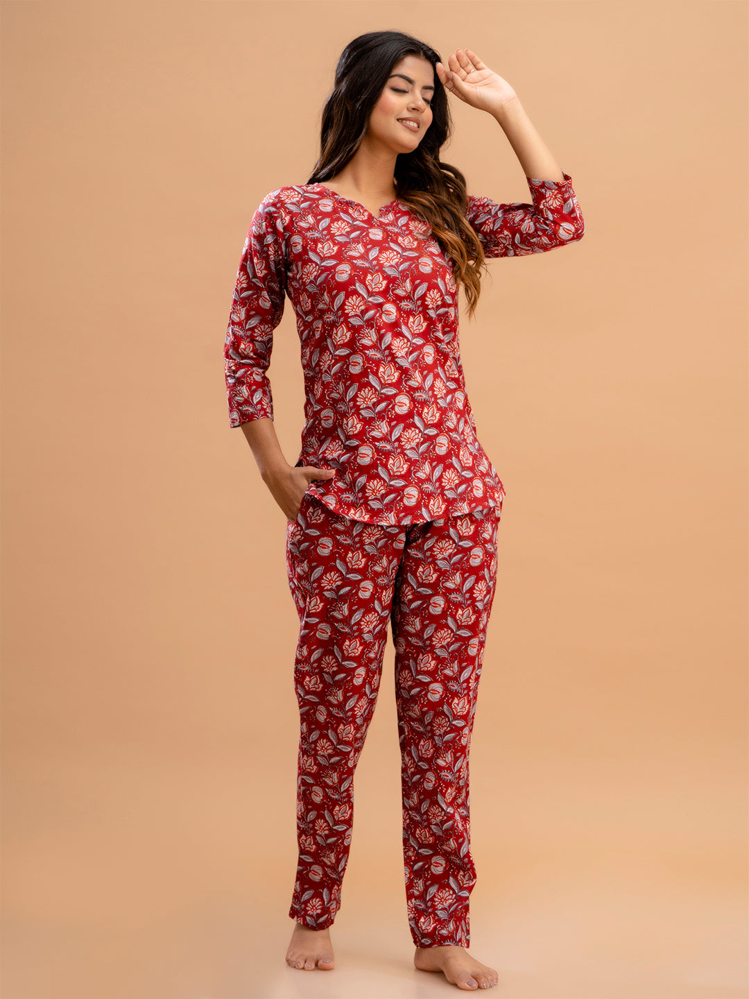 Red Printed Cotton Night Suit with V-Neck Kurti &amp; Ankle-Length Pants