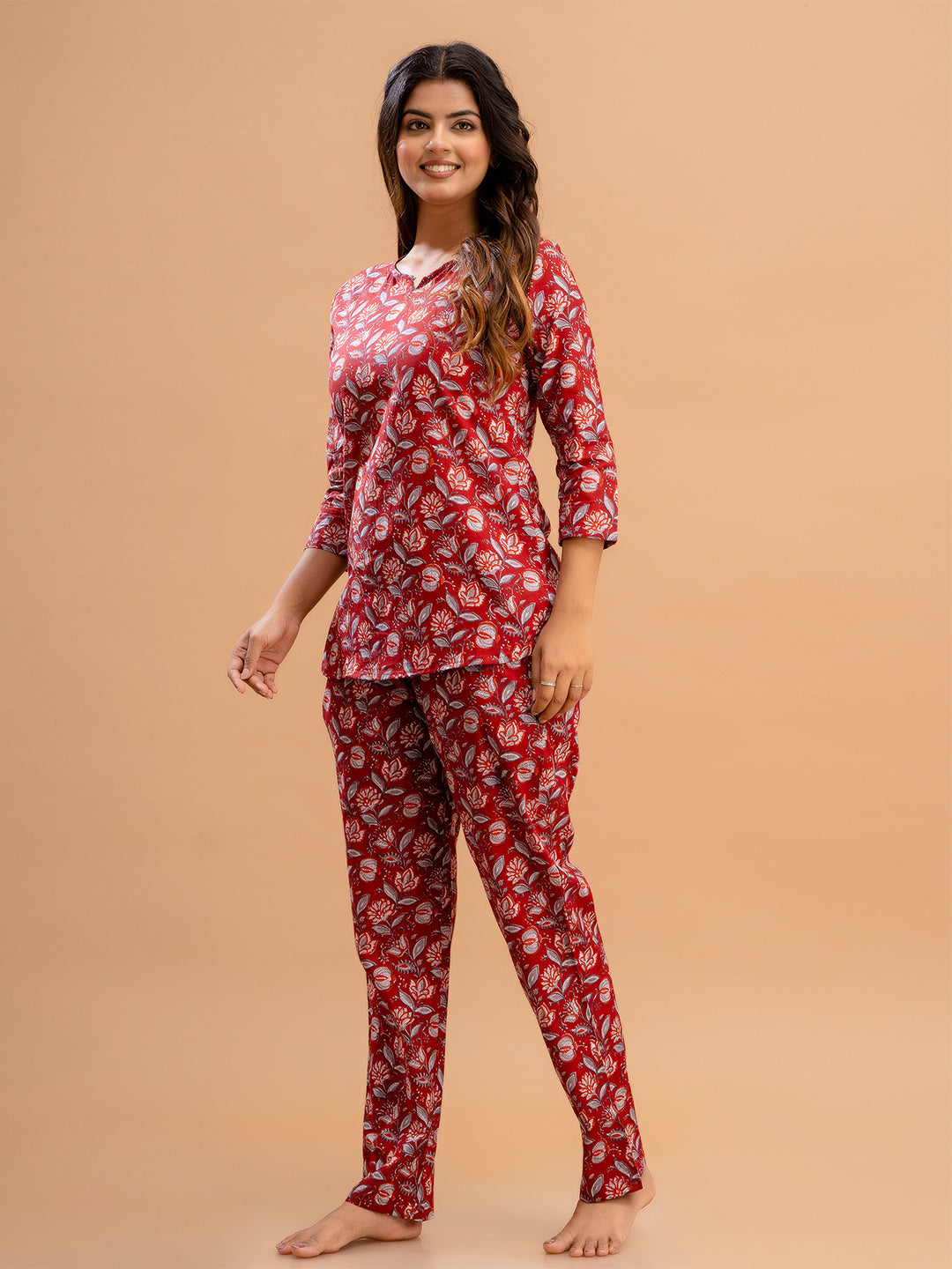 Red Printed Cotton Night Suit with V-Neck Kurti &amp; Ankle-Length Pants