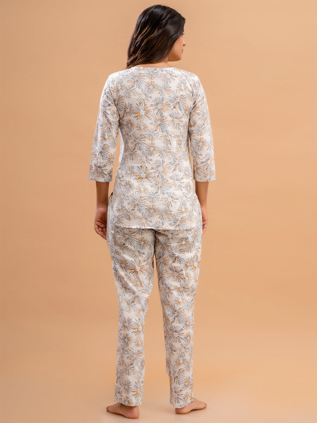 White Printed Cotton Night Suit with V-Neck Kurti &amp; Ankle-Length Pants