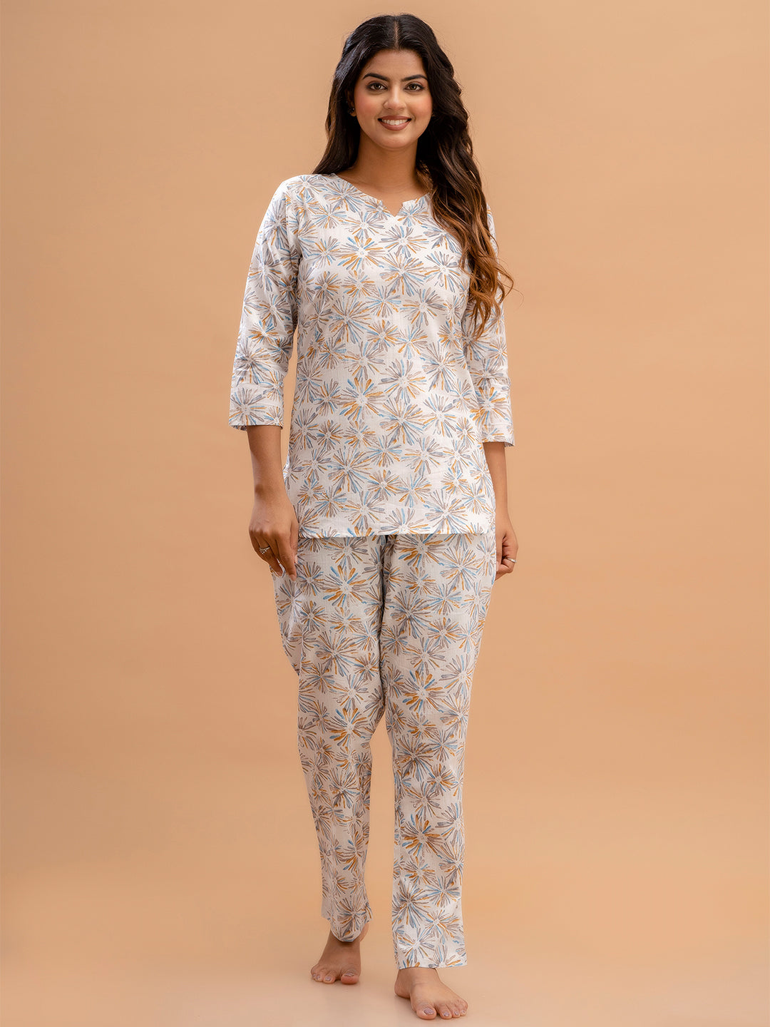 White Printed Cotton Night Suit with V-Neck Kurti &amp; Ankle-Length Pants