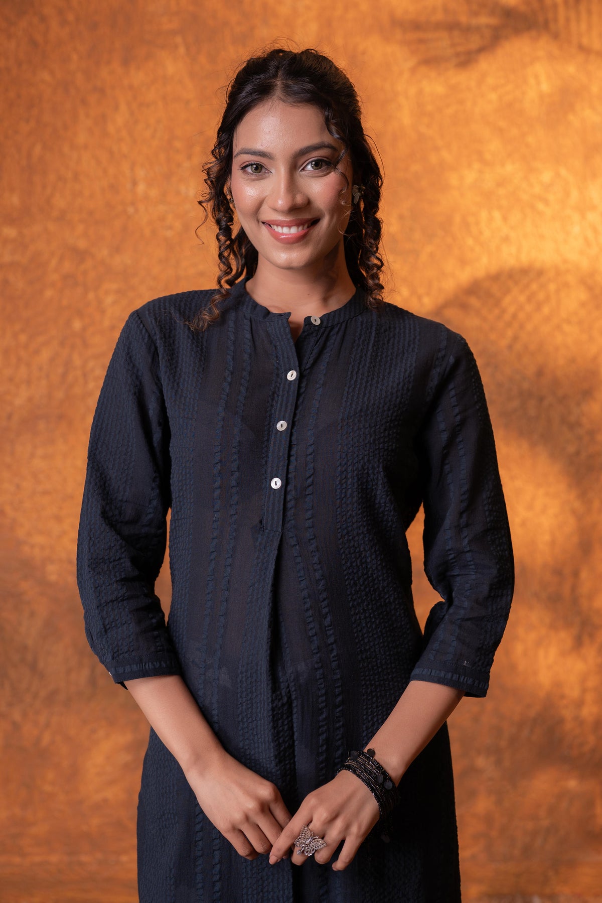 Black Seersucker Kurta Set with Floral Cotton Pants