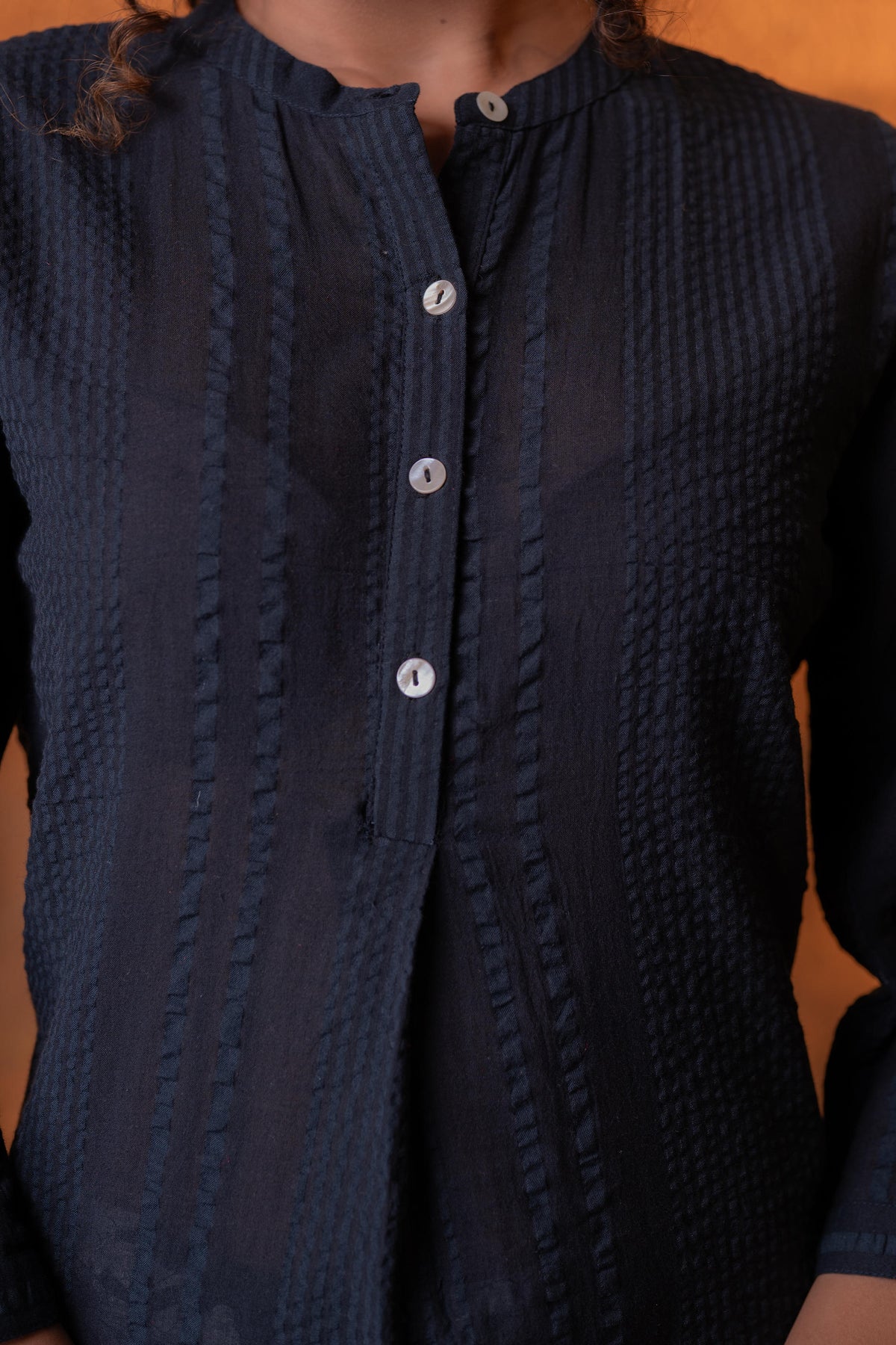 Black Seersucker Kurta Set with Floral Cotton Pants