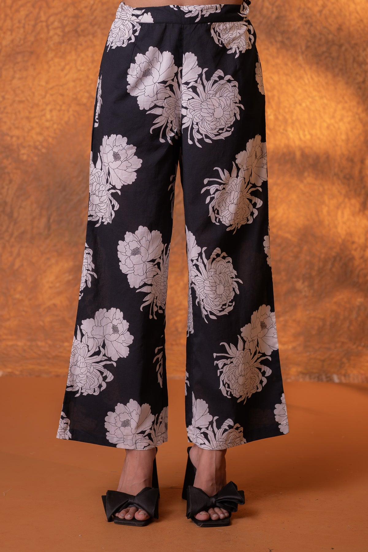Black Seersucker Kurta Set with Floral Cotton Pants