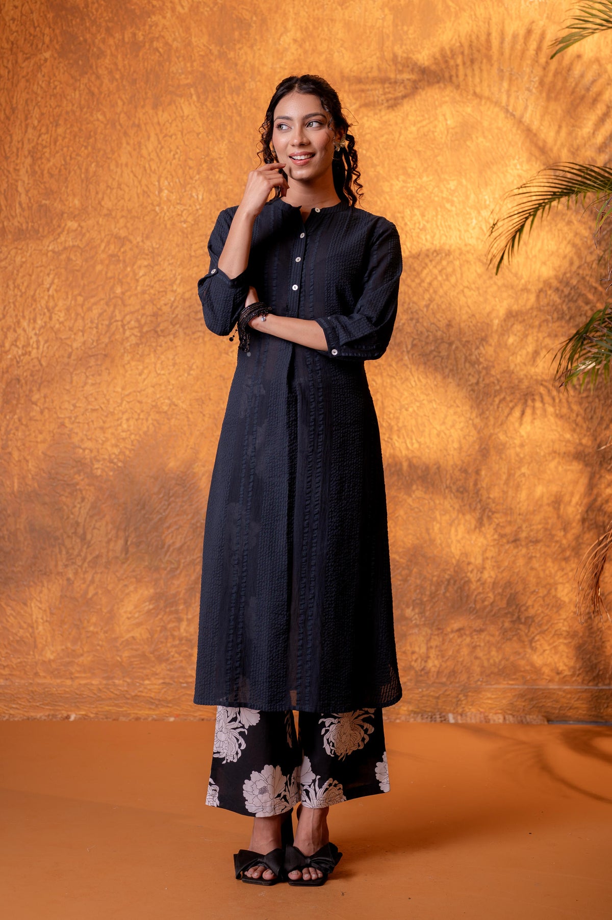 Black Seersucker Kurta Set with Floral Cotton Pants