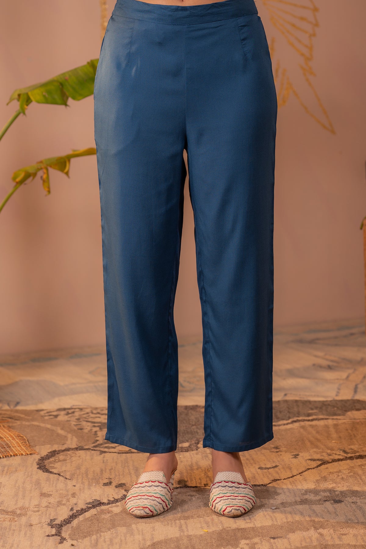 Teal Blue Mirror Work Rayon Kurta Pant Set