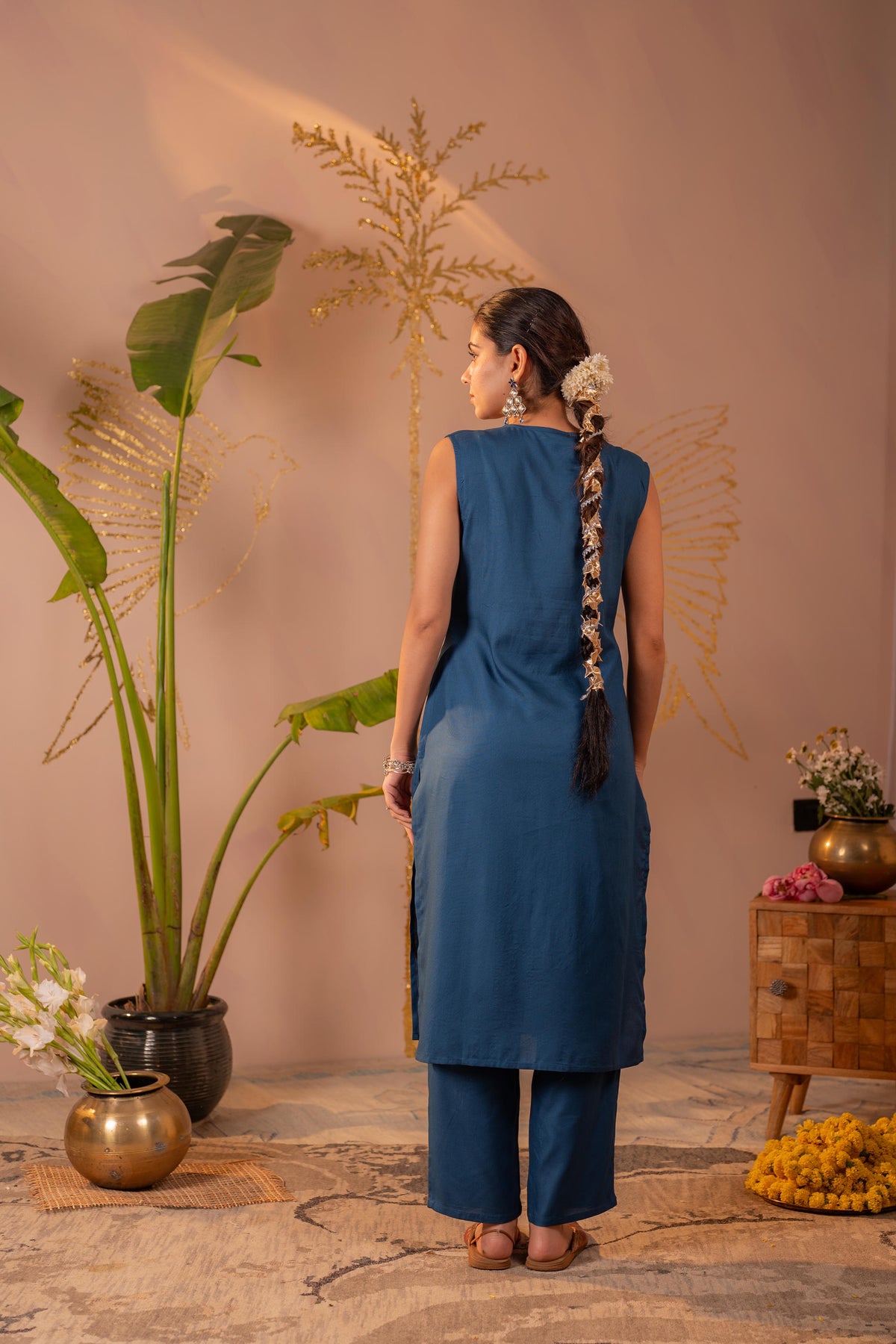 Teal Blue Mirror Work Rayon Kurta Pant Set
