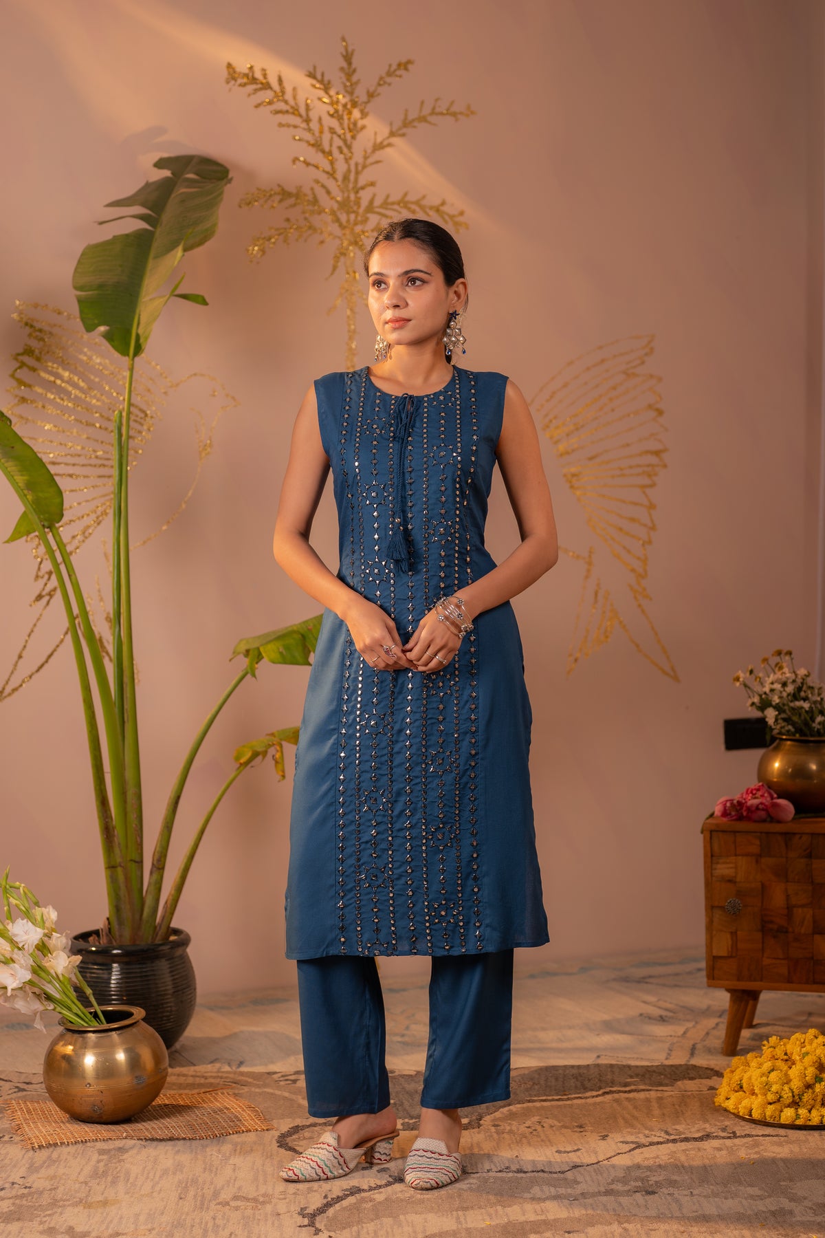 Teal Blue Mirror Work Rayon Kurta Pant Set