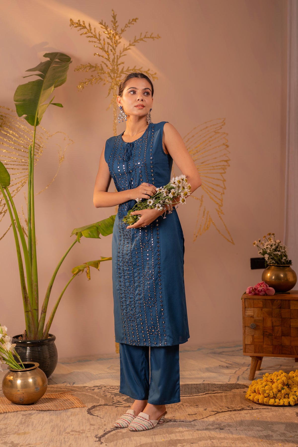 Teal Blue Mirror Work Rayon Kurta Pant Set