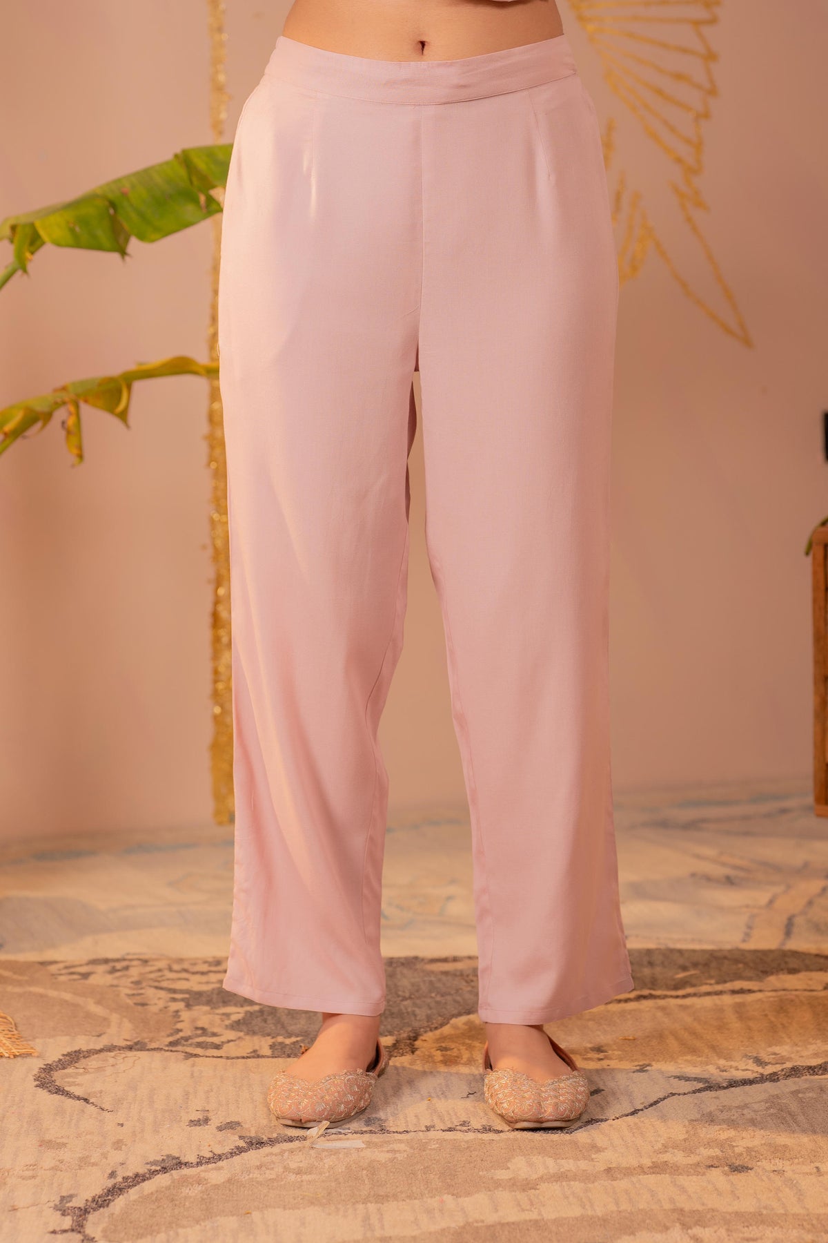 Pastel Pink Mirror Work Rayon Kurta Pant Set