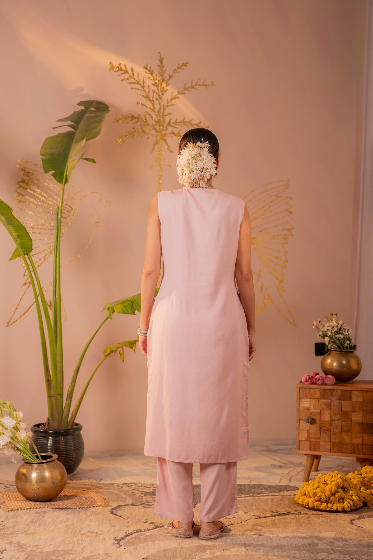 Pastel Pink Mirror Work Rayon Kurta Pant Set