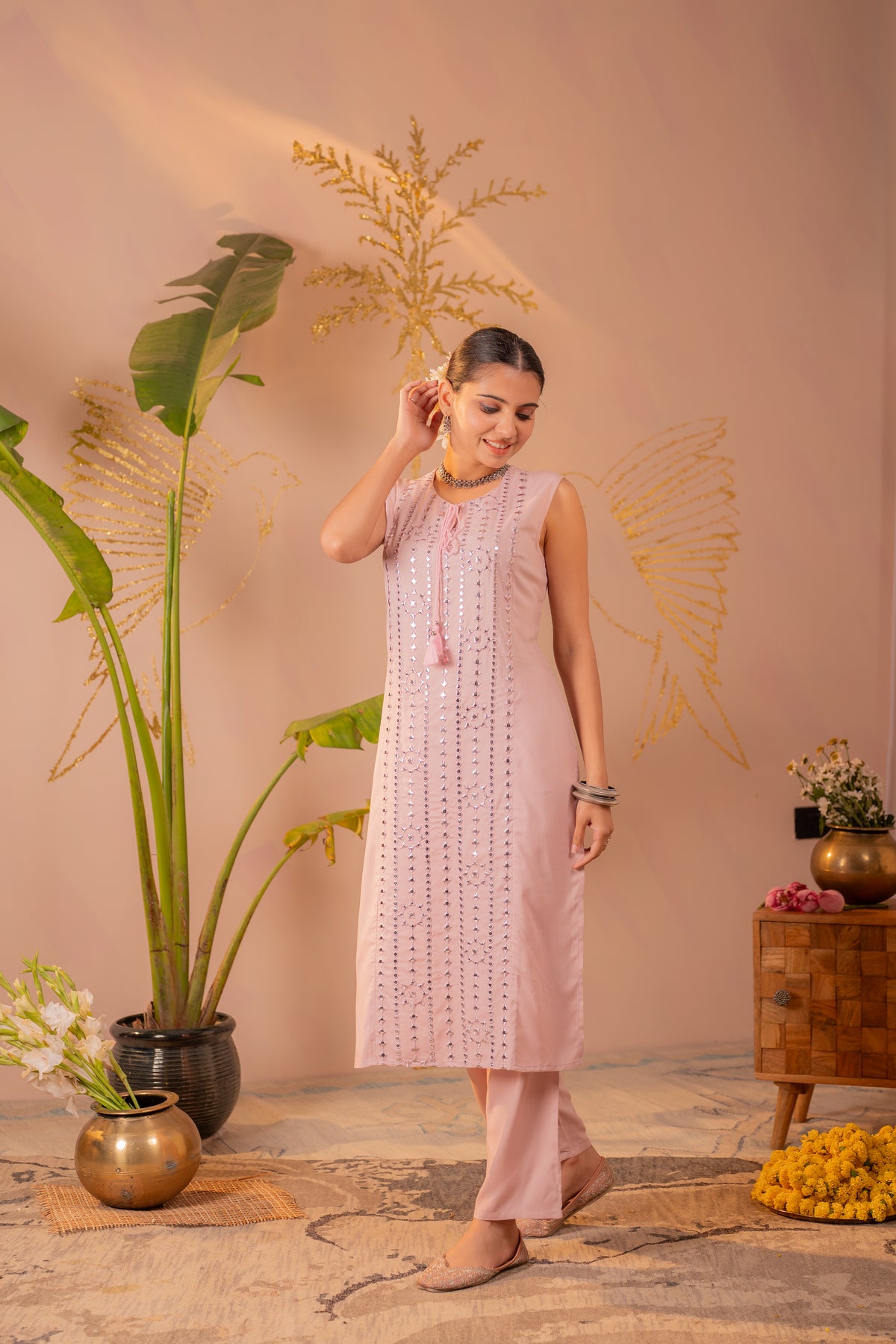Pastel Pink Mirror Work Rayon Kurta Pant Set