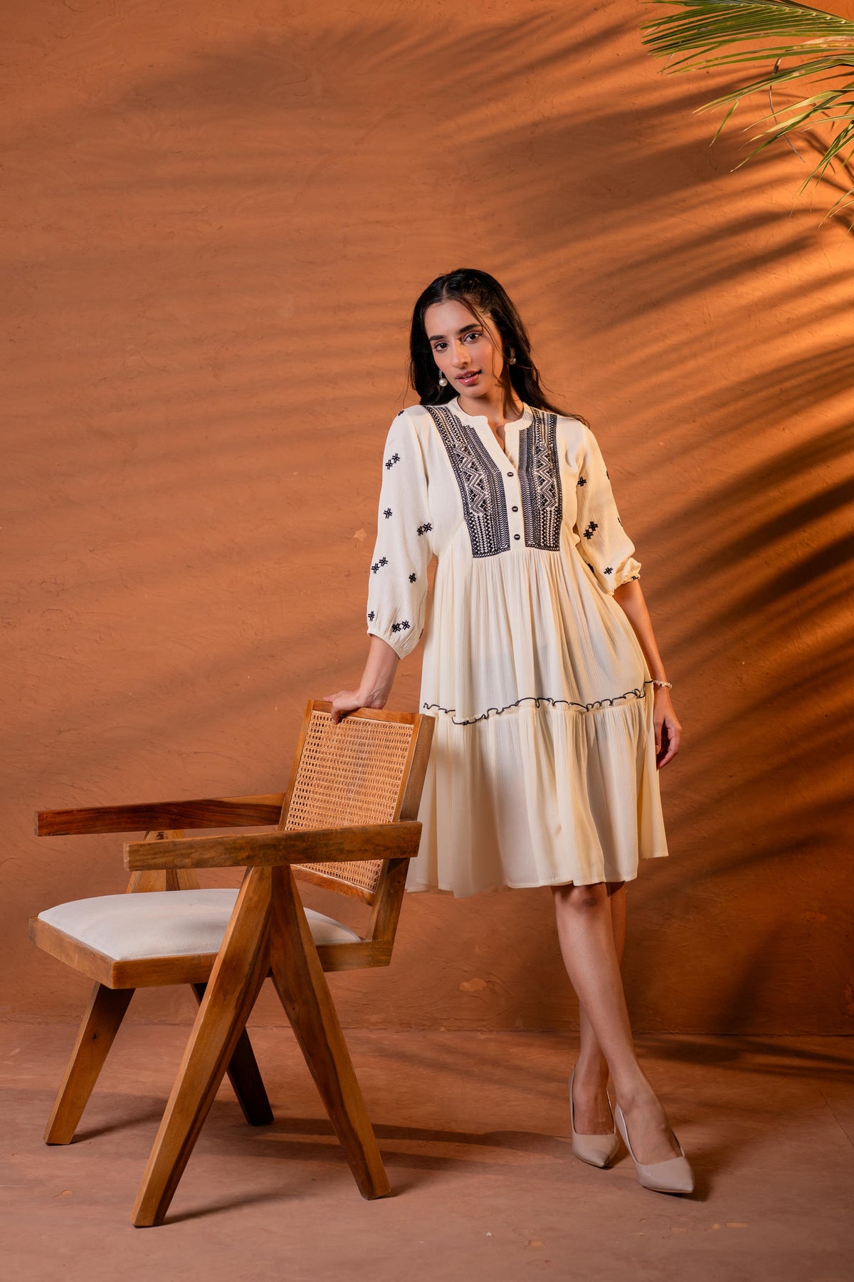 Off-White Embroidered Viscose Crepe Boho Midi Dress