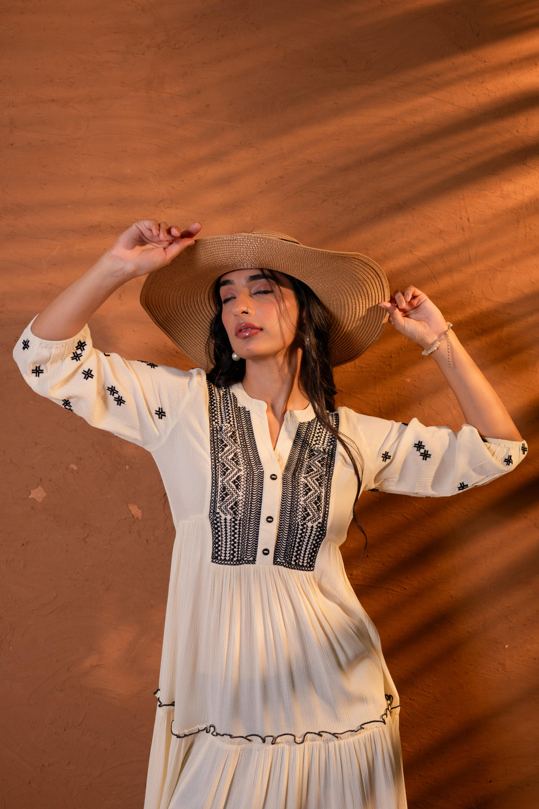 Off-White Embroidered Viscose Crepe Boho Midi Dress