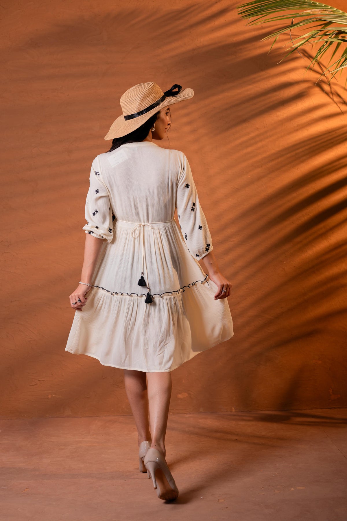 Off-White Embroidered Viscose Crepe Boho Midi Dress