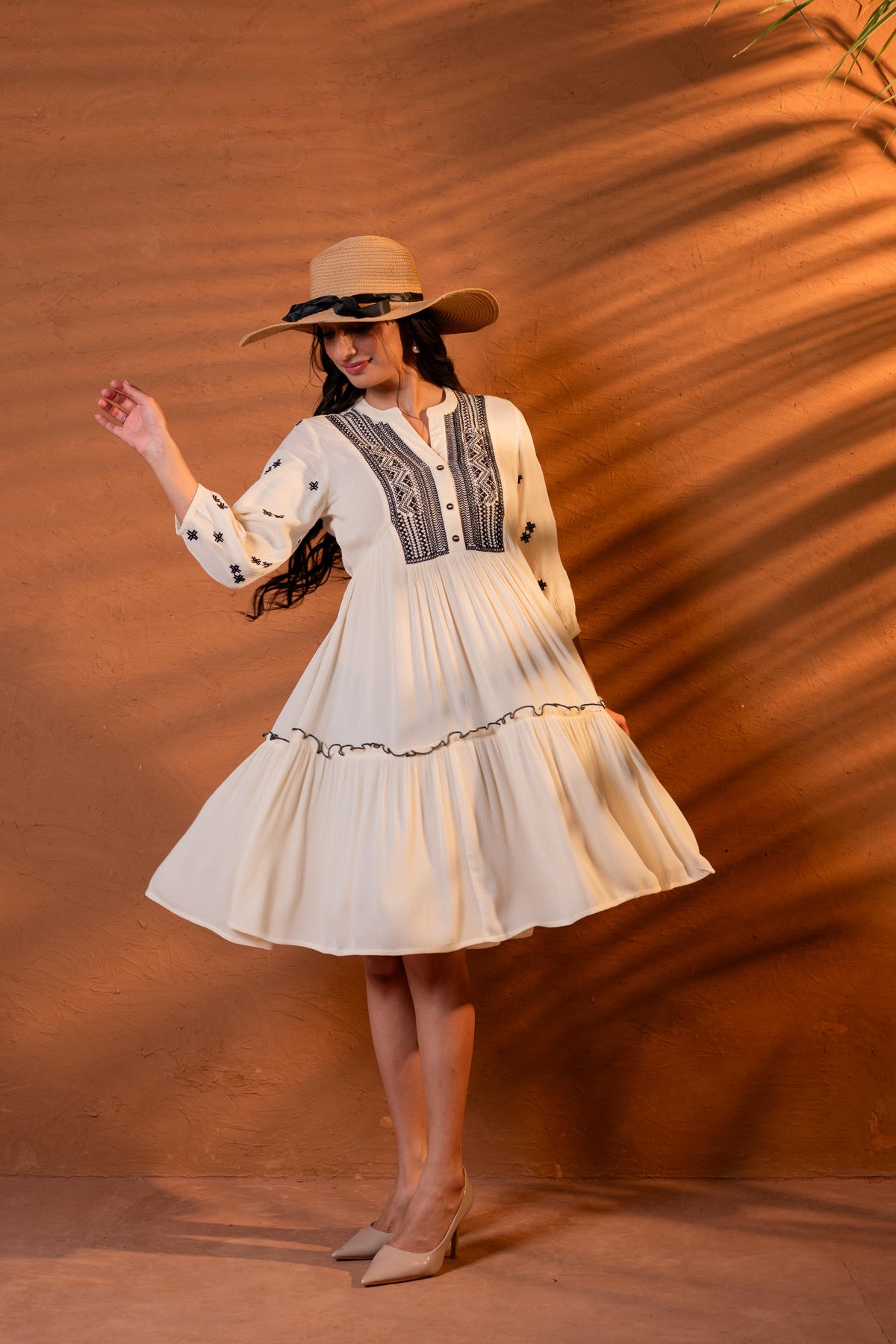 Off-White Embroidered Viscose Crepe Boho Midi Dress