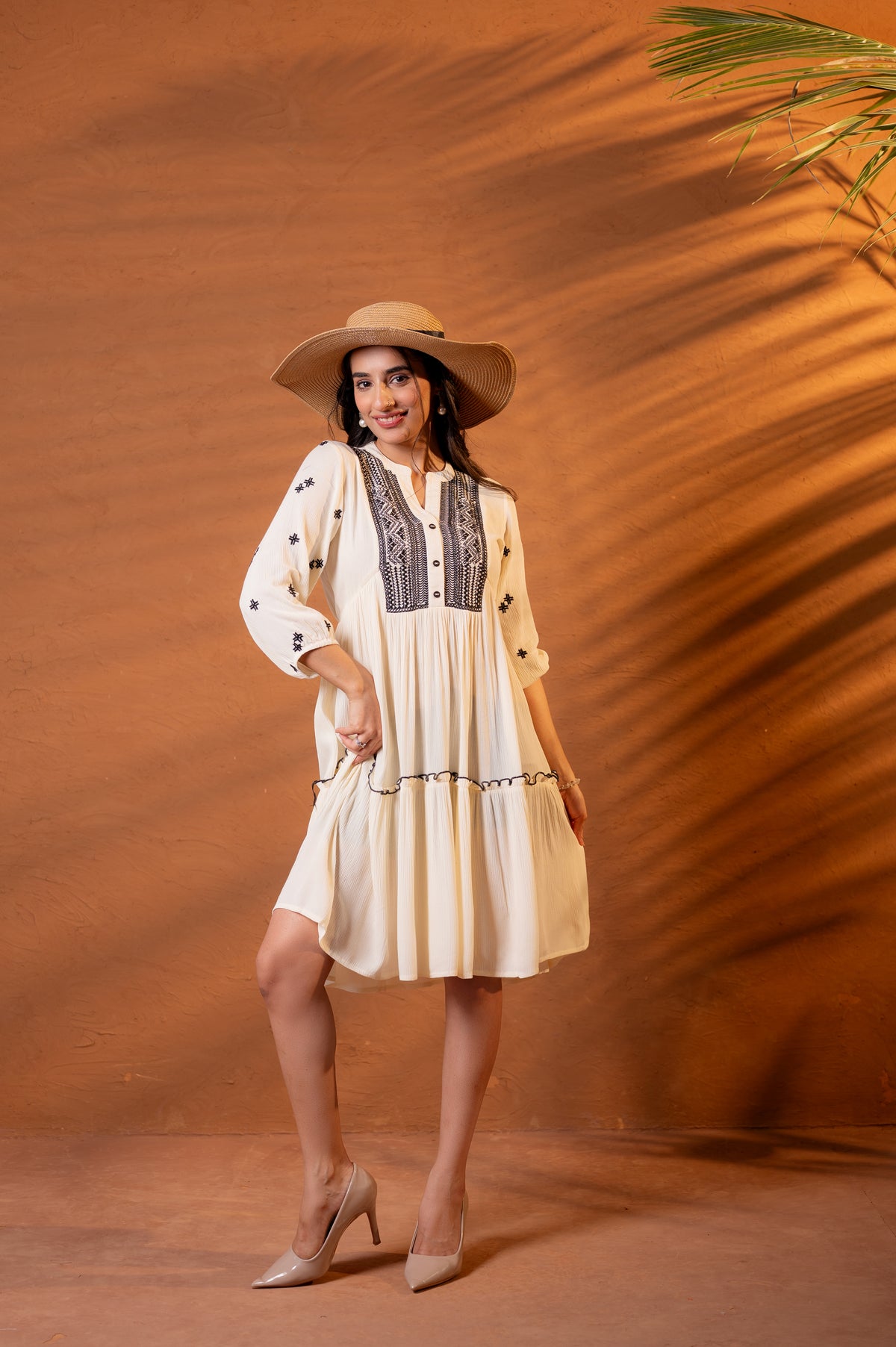 Off-White Embroidered Viscose Crepe Boho Midi Dress