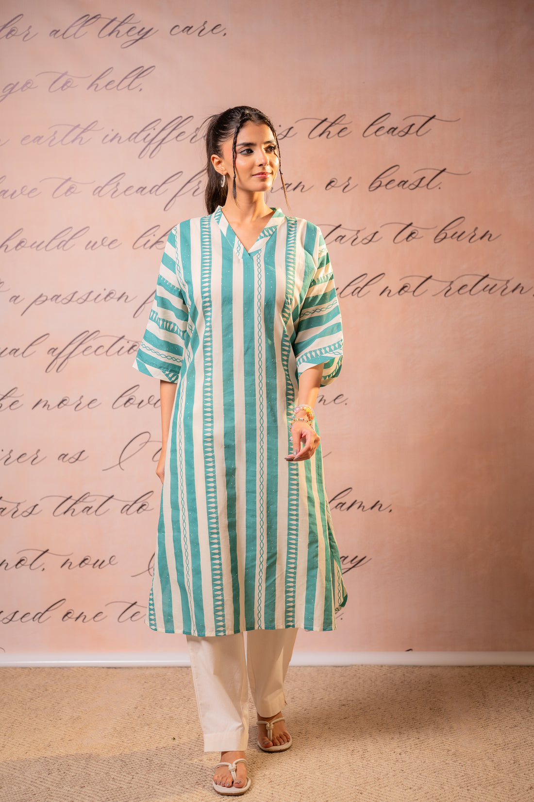Teal Green Striped Cotton Kurta Pant Set