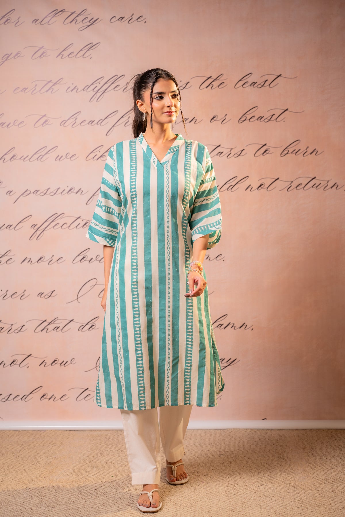 Teal Green Striped Cotton Kurta Pant Set