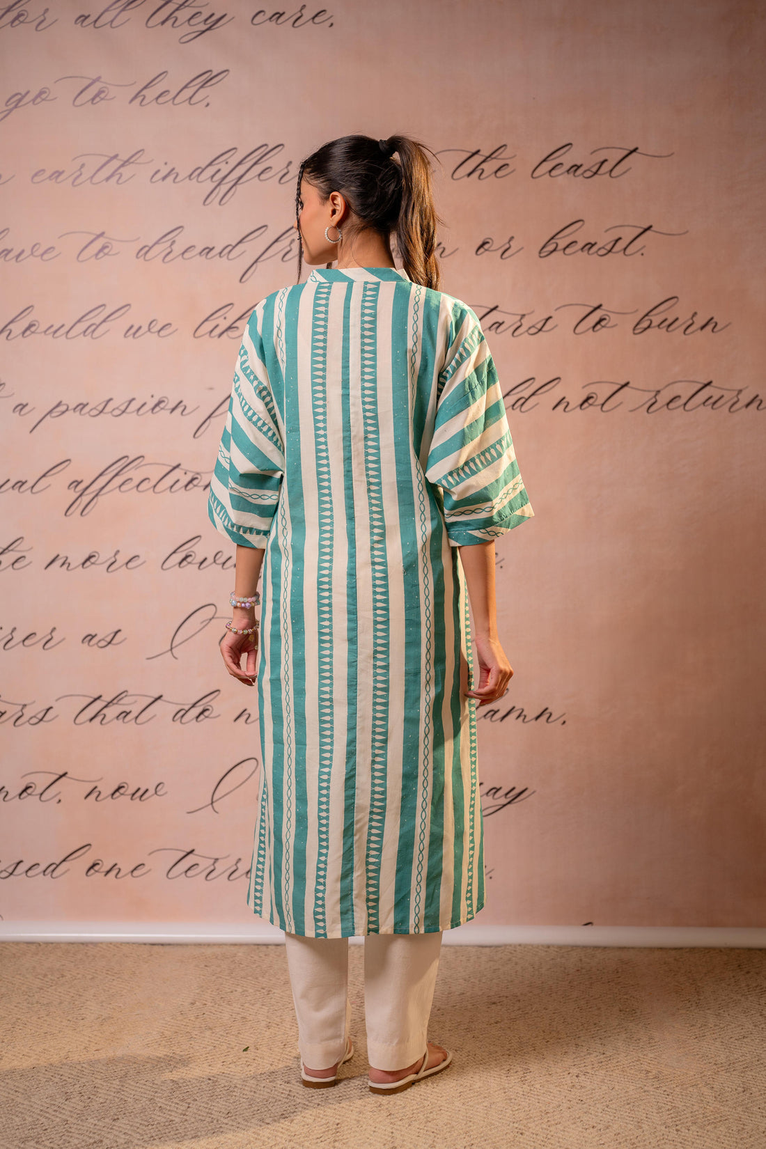 Teal Green Striped Cotton Kurta Pant Set
