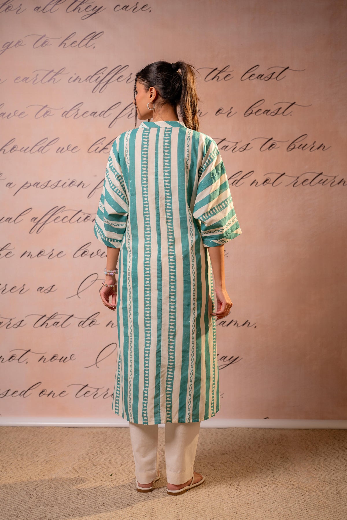 Teal Green Striped Cotton Kurta Pant Set
