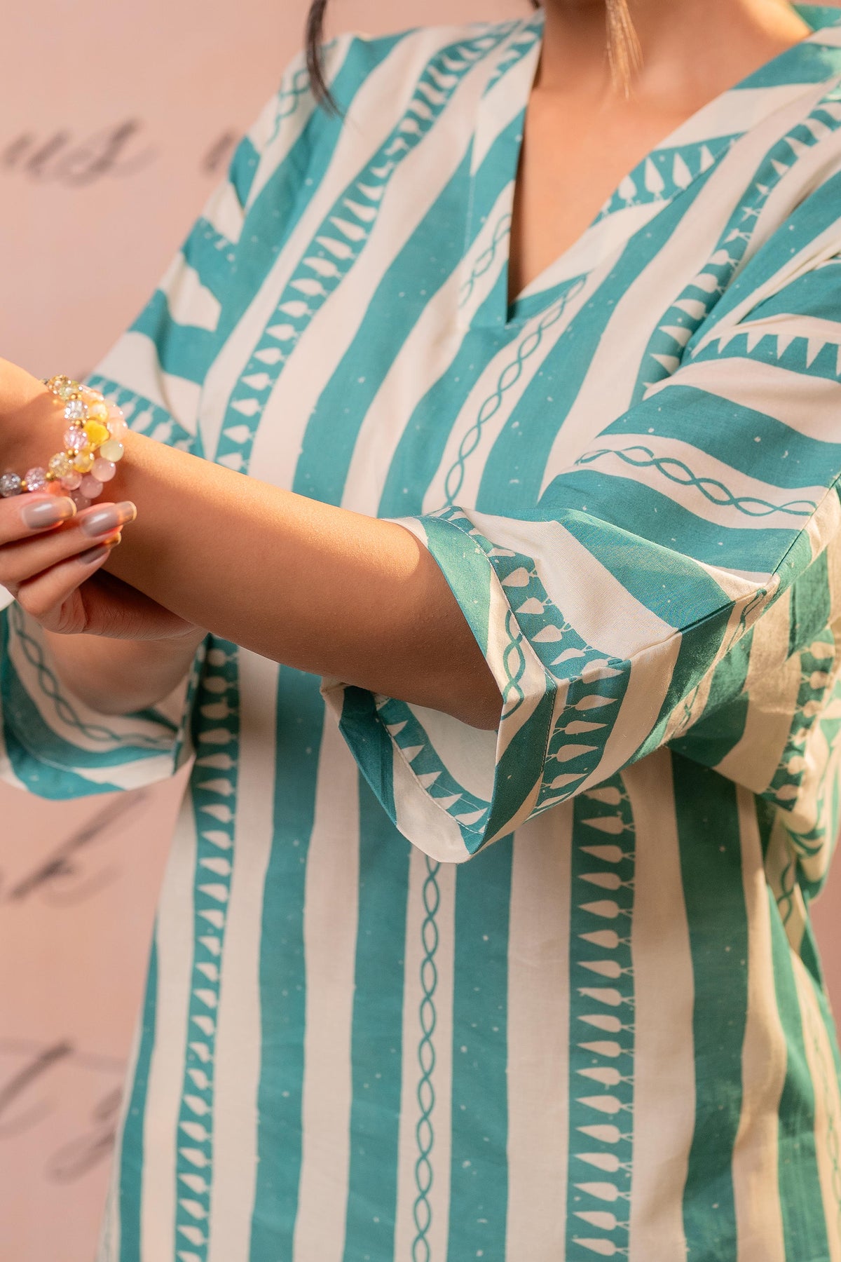 Teal Green Striped Cotton Kurta Pant Set