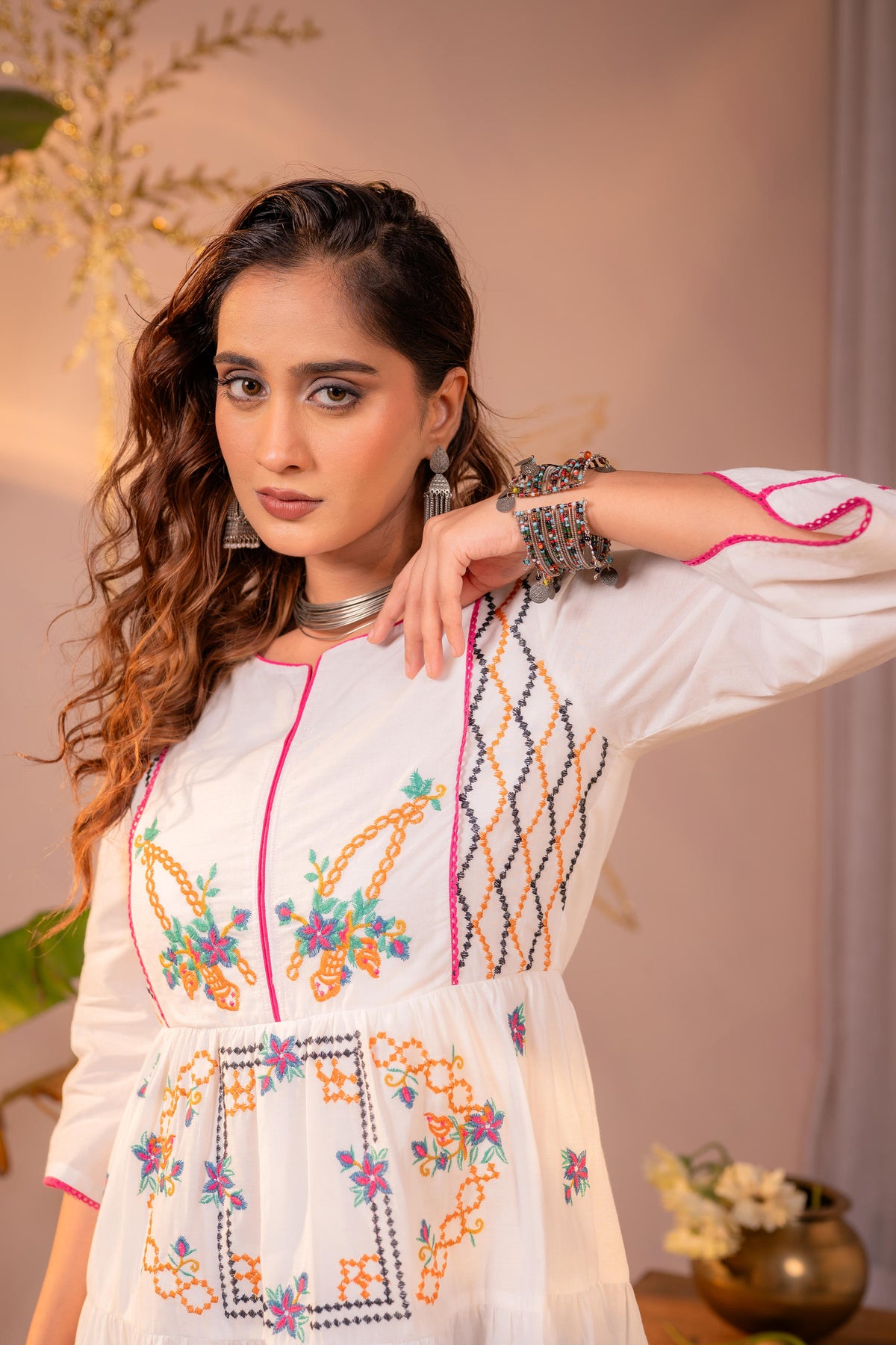 White Floral Embroidered Cotton Tiered Midi Dress