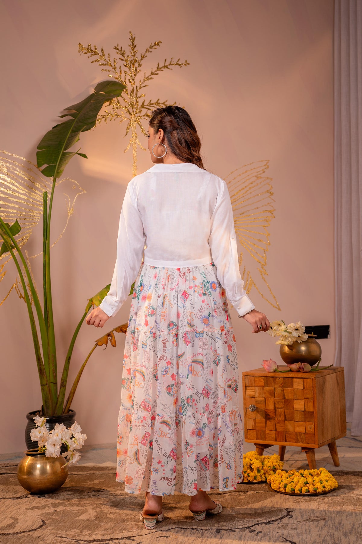 White Boho Print Chiffon Maxi Dress with Jacket